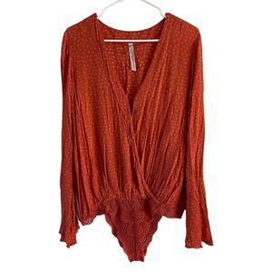 Free People Makin’ Waves Bodysuit Womens Large  Boho Chic Polka Dot Bell Sleeve